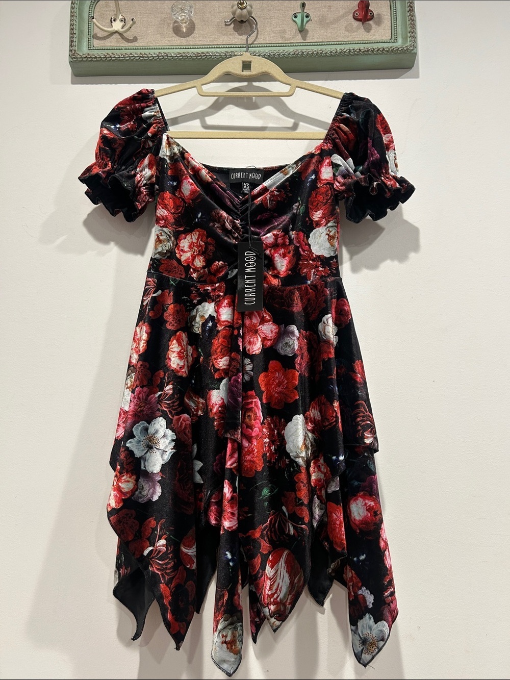 Current Mood dark gothic Floral Velvet Mini Dress Red and White Flowers black XS